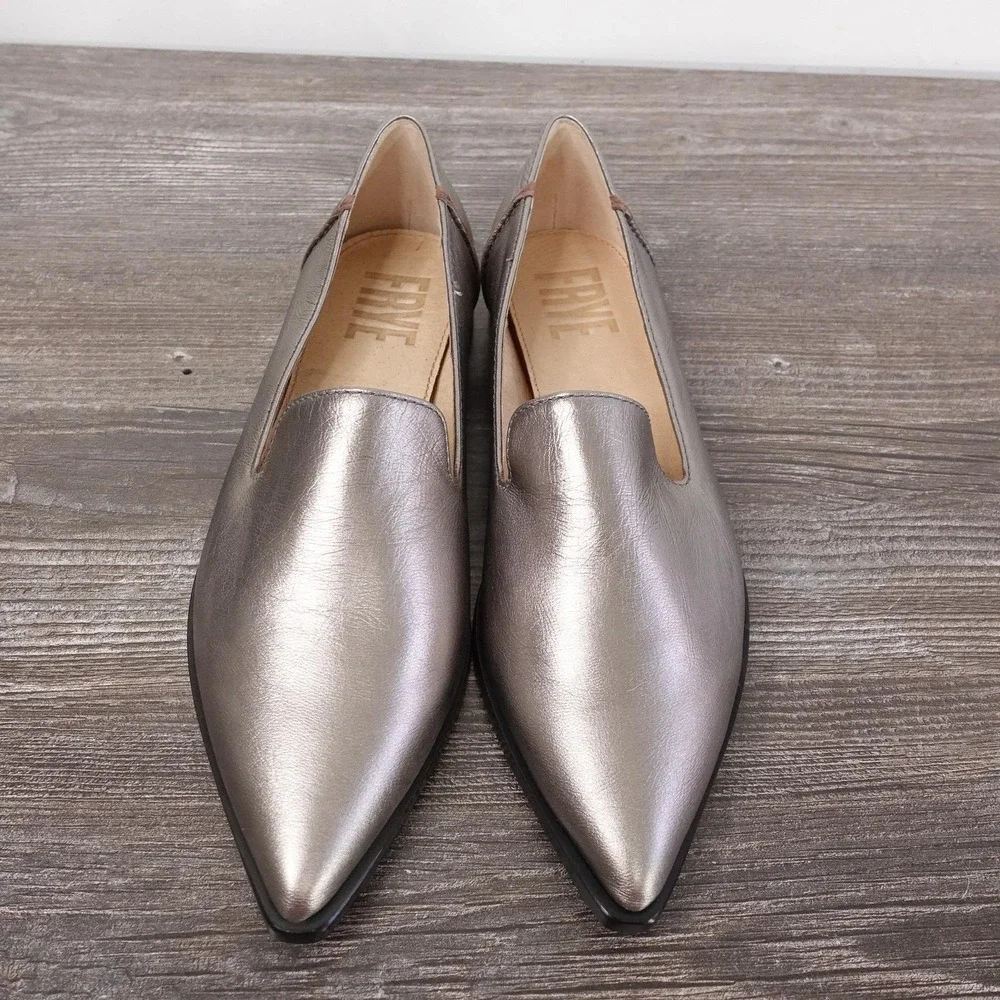 New! Frye Shoes Womens Size 6 Silver Kenzie Venetian Slip On Leather Flats - Picture 3 of 9